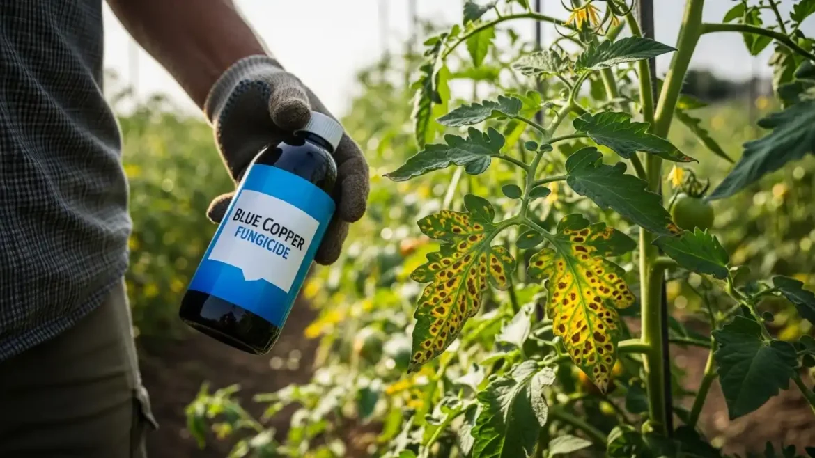 Blue copper fungicide bottle next to tomato leaves showing early blight symptoms