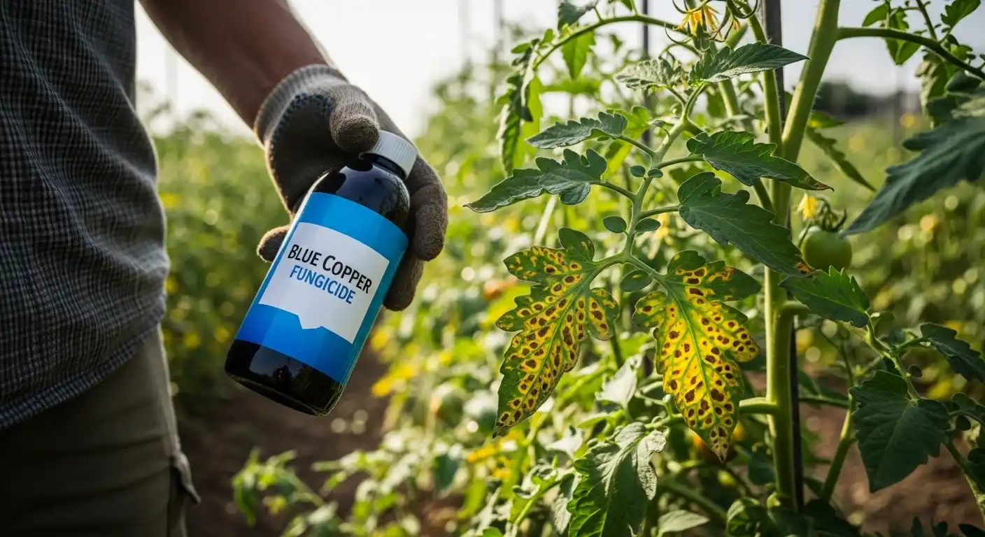 Blue copper fungicide bottle next to tomato leaves showing early blight symptoms
