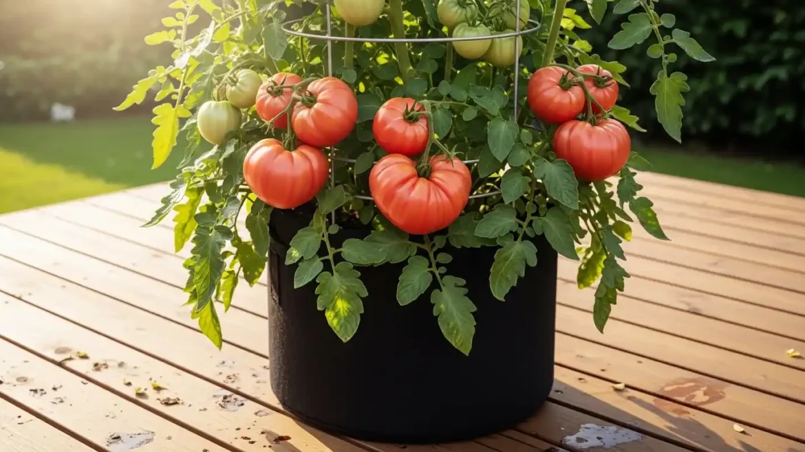 A-large-Oxheart-tomato-plant-growing-successfully-in-a-20-gallon-fabric-container-on-a-patio