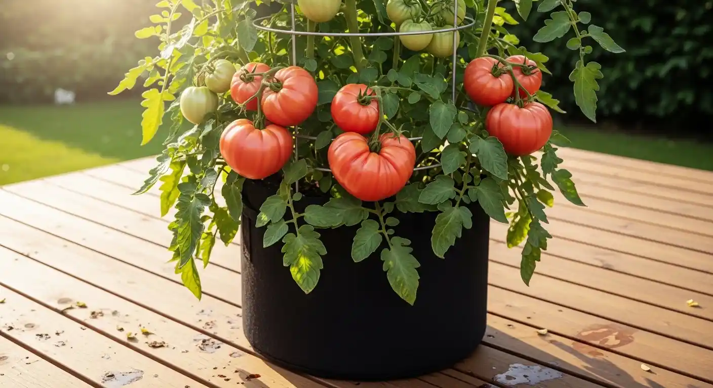 A-large-Oxheart-tomato-plant-growing-successfully-in-a-20-gallon-fabric-container-on-a-patio