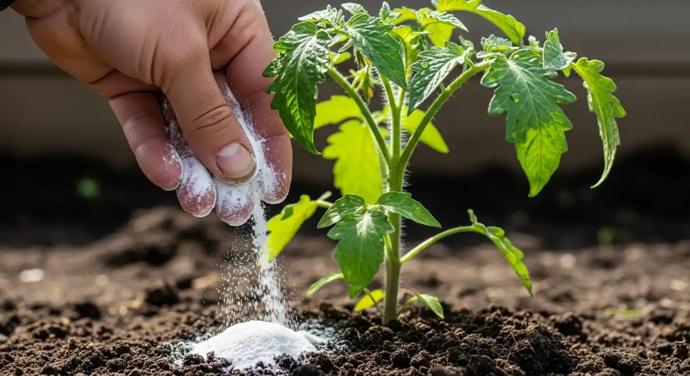 Gardener-sprinkling-baking-soda-around-the-base-of-a-tomato-plant-to-test-soil-acidity-and-prevent-disease